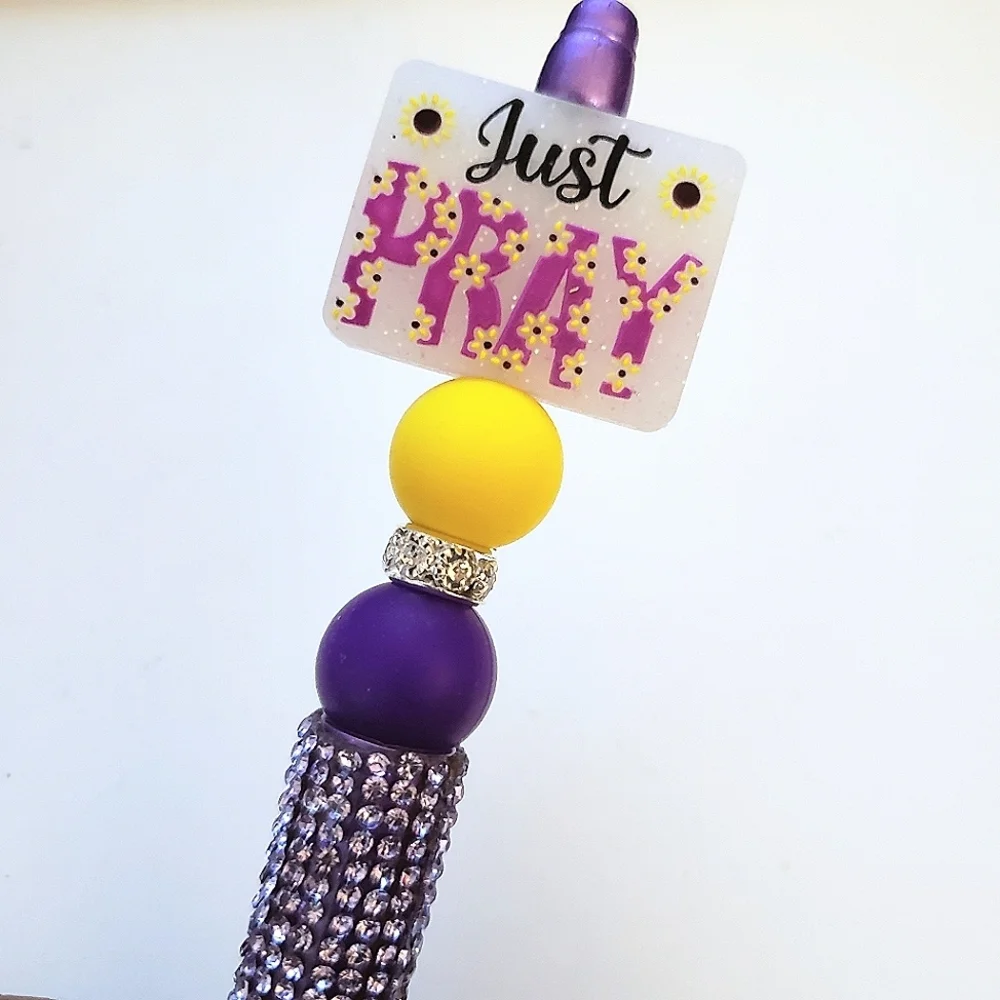 Handmade Purple Rhinestone Just Pray Sunflower Beaded Silicone Focal Bead Pen